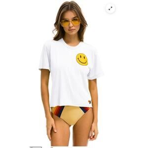 Aviator Nation SMILEY 2 BOYFRIEND TEE - WHITE Womens Sz L NWT $83